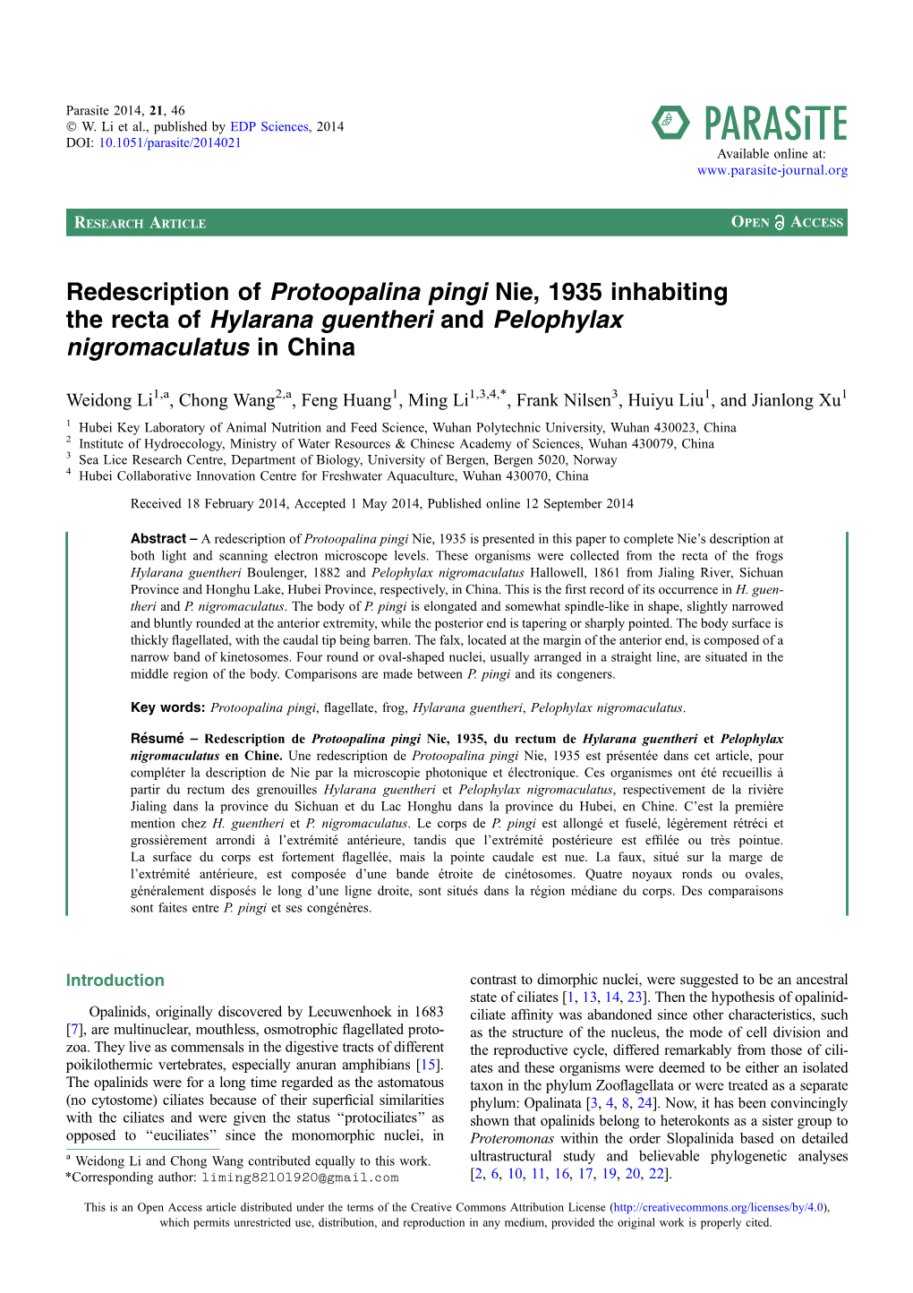 Redescription of Protoopalina Pingi Nie, 1935 Inhabiting the Recta of Hylarana Guentheri and Pelophylax Nigromaculatus in China