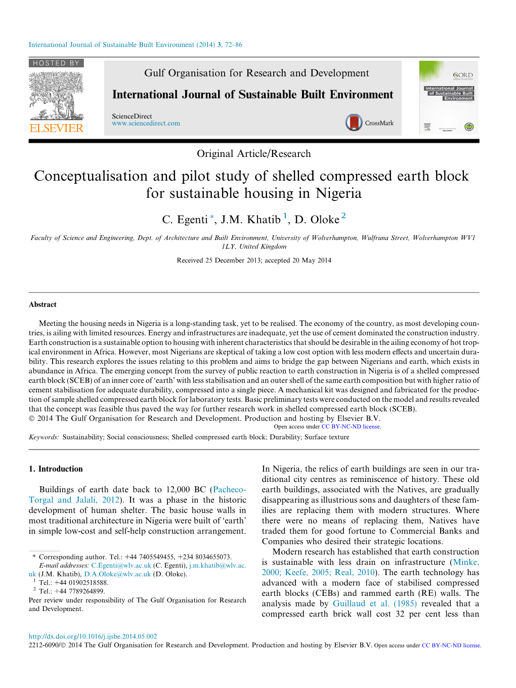 Conceptualisation and Pilot Study of Shelled Compressed Earth Block for Sustainable Housing in Nigeria