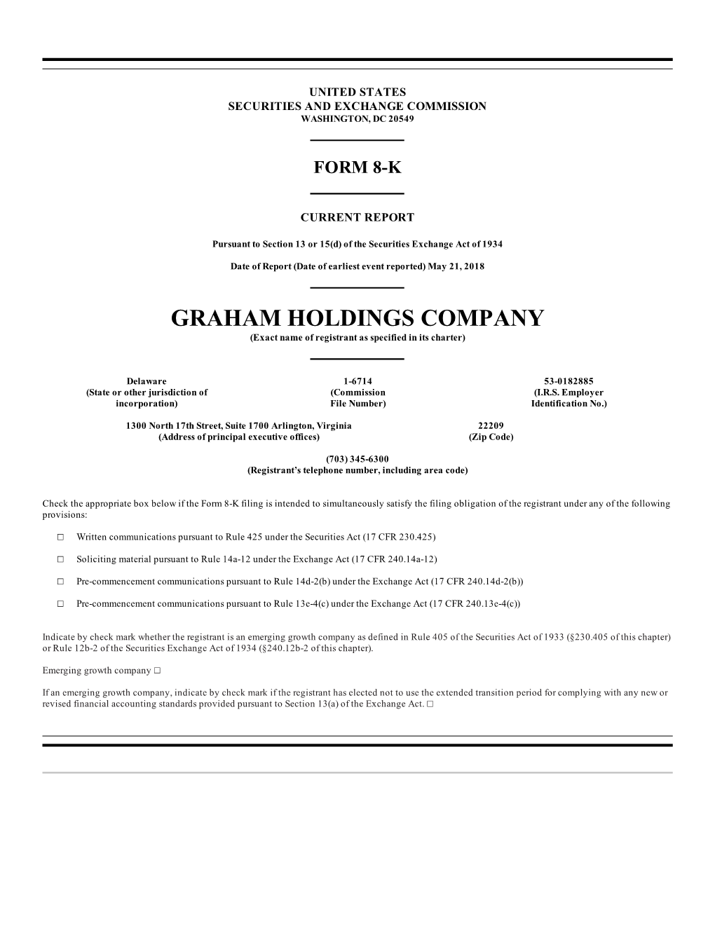 GRAHAM HOLDINGS COMPANY (Exact Name of Registrant As Specified in Its Charter)