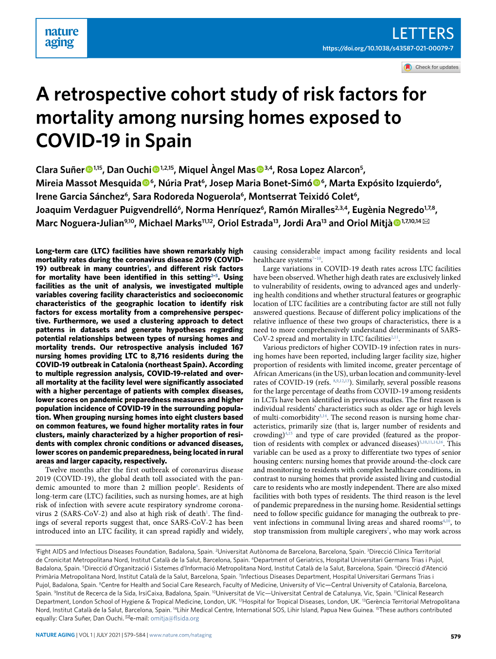 A Retrospective Cohort Study of Risk Factors for Mortality Among Nursing Homes Exposed to COVID-19 in Spain
