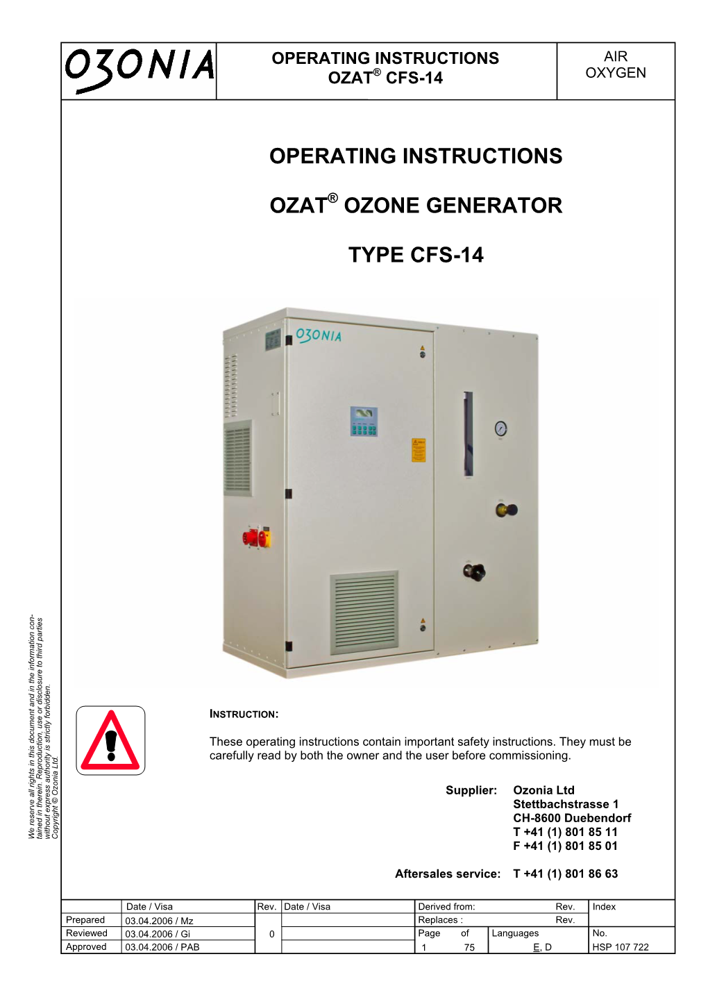 Operating Instructions Ozat Ozone Generator Type Cfs-14