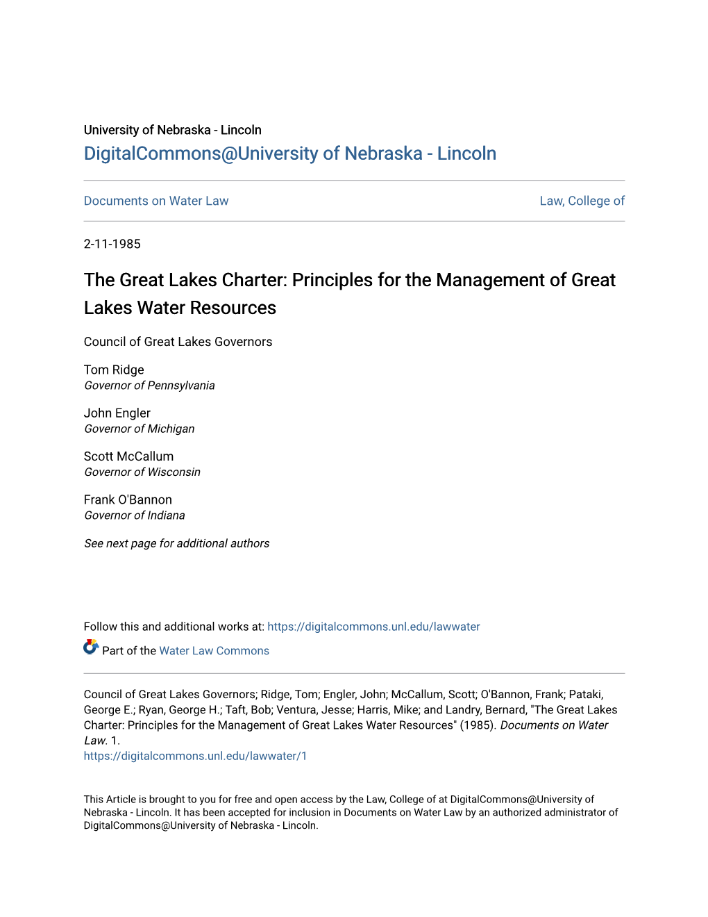 The Great Lakes Charter: Principles for the Management of Great Lakes Water Resources