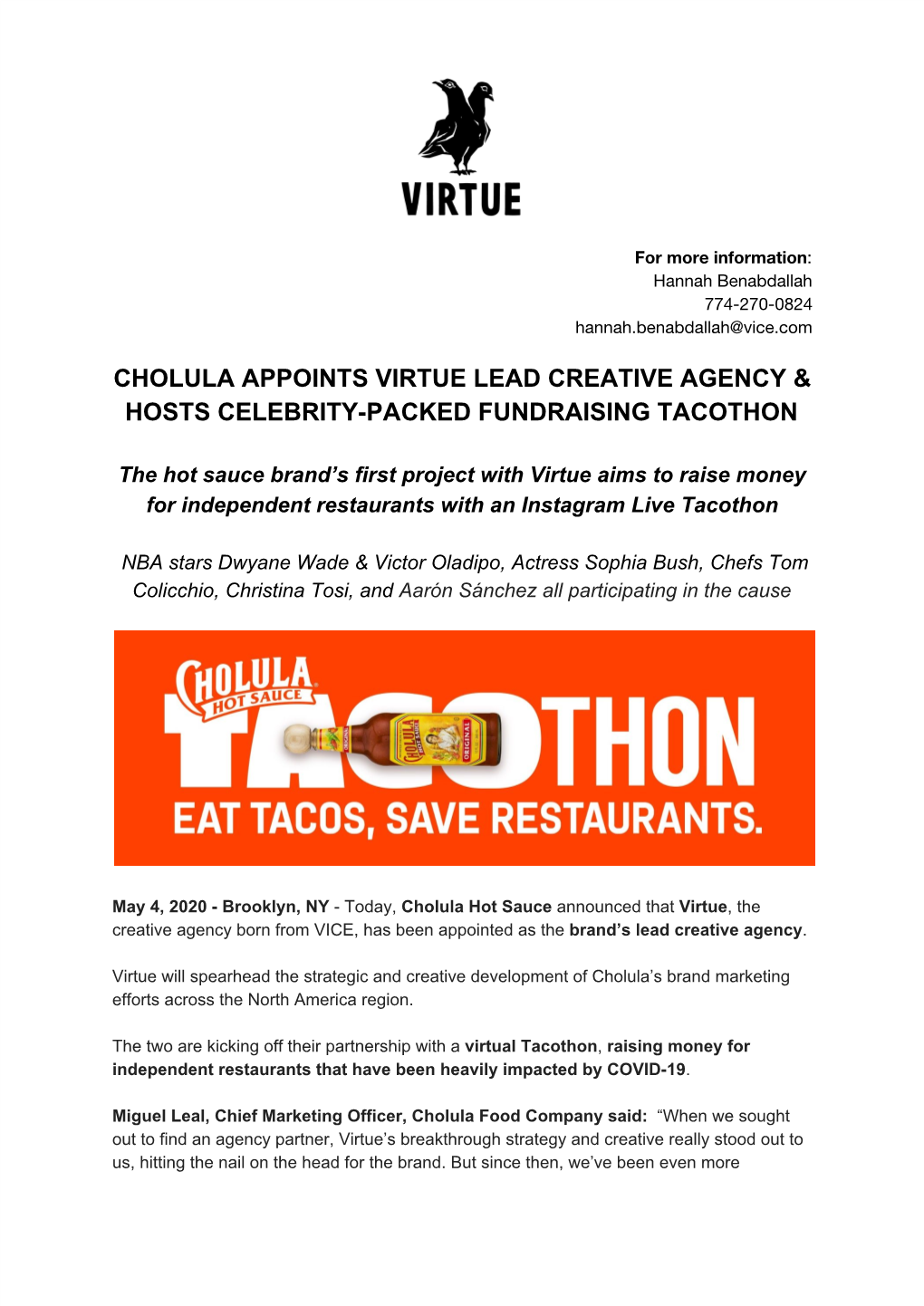 Cholula Appoints Virtue Lead Creative Agency & Hosts Celebrity-Packed Fundraising Tacothon