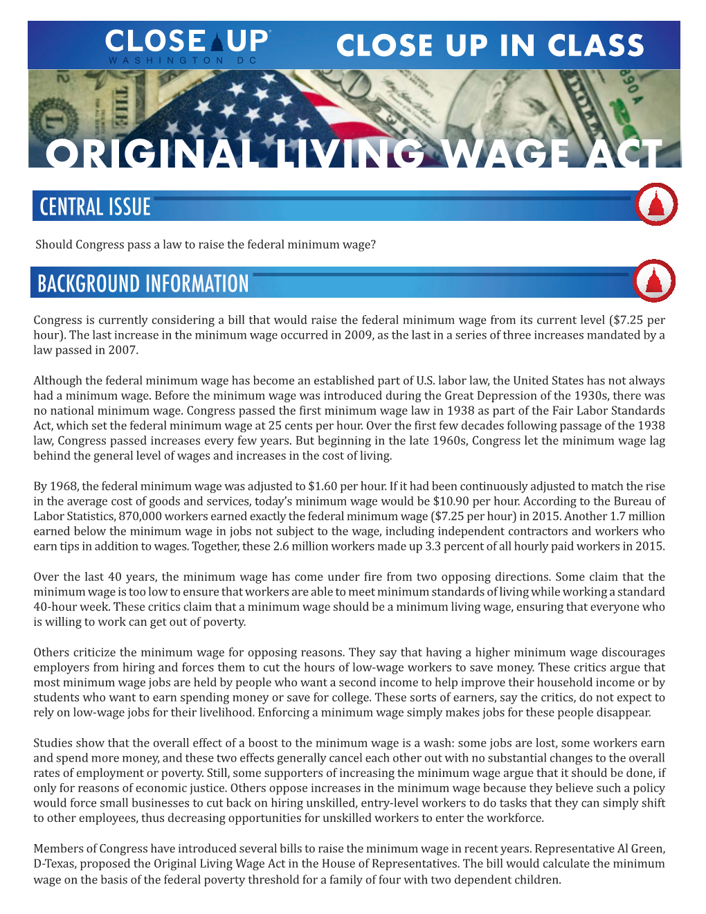 Original Living Wage Act Central Issue