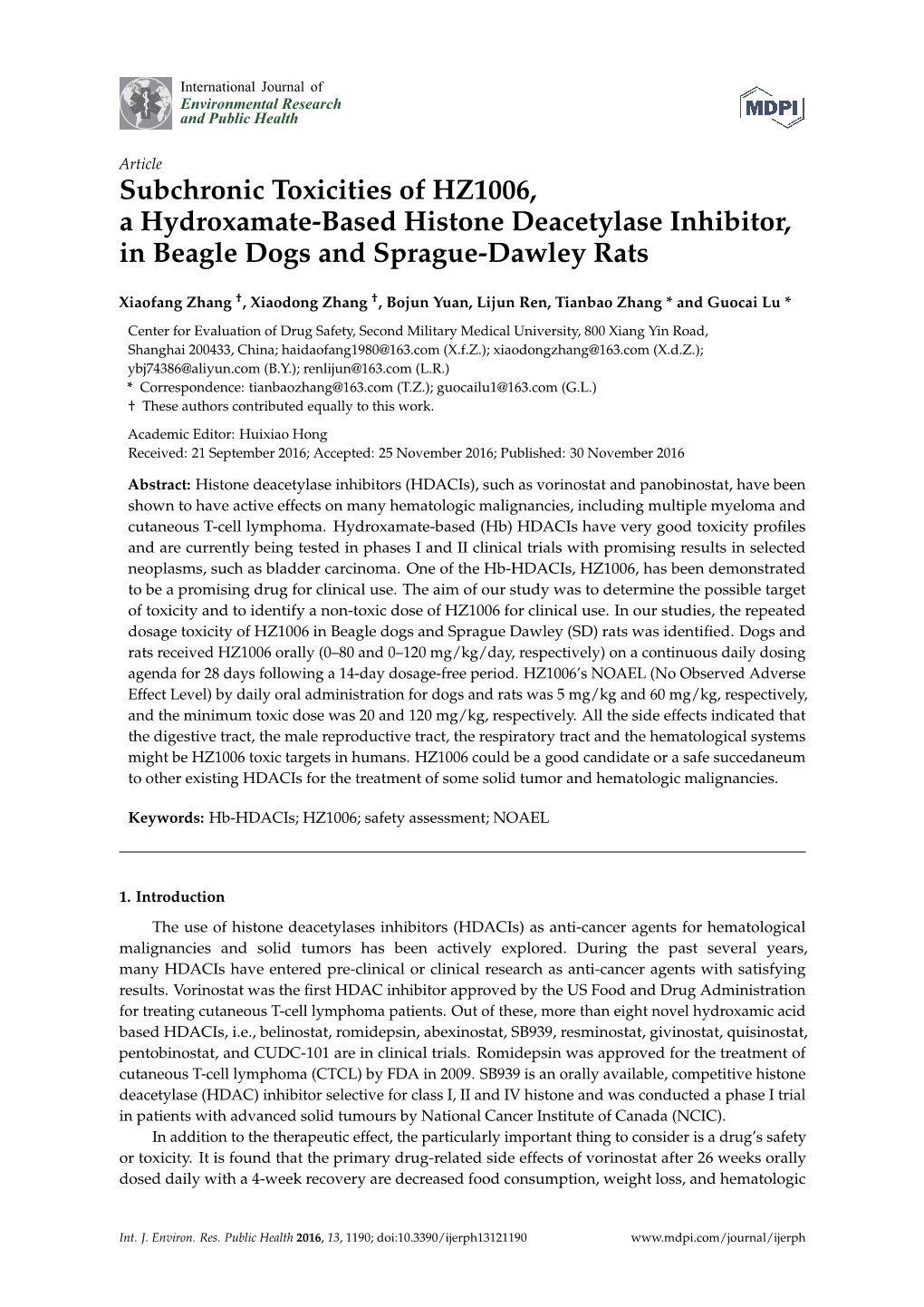 Subchronic Toxicities of HZ1006, a Hydroxamate-Based Histone Deacetylase Inhibitor, in Beagle Dogs and Sprague-Dawley Rats