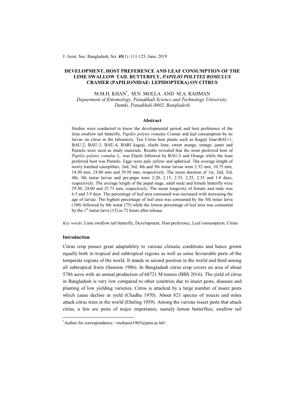 Development, Host Preference and Leaf Consumption of the Lime Swallow Tail Butterfly, Papilio Polytes Romulus Cramer (Papilionidae: Lepidoptera) on Citrus