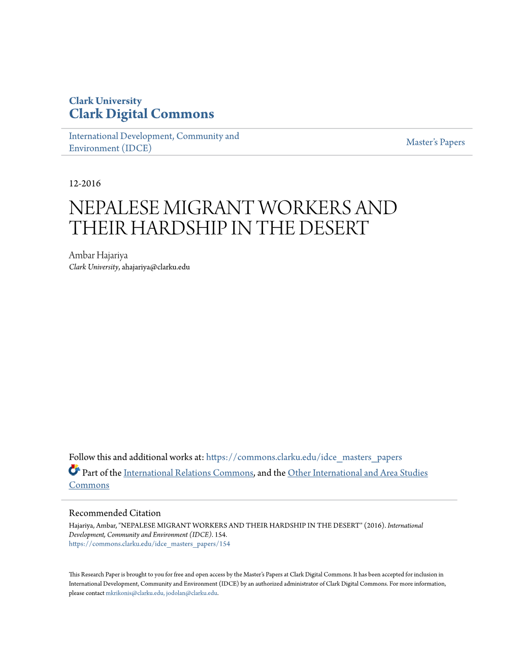 Nepalese Migrant Workers and Their Hardship in the Desert" (2016)