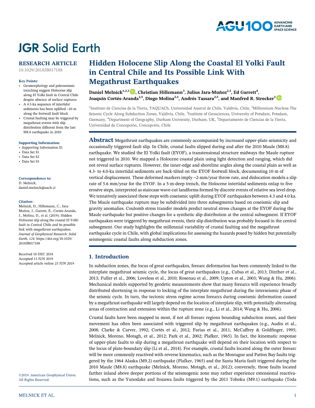 Hidden Holocene Slip Along the Coastal El Yolki Fault in Central Chile and Its Possible Link with Megathrust Earthquakes