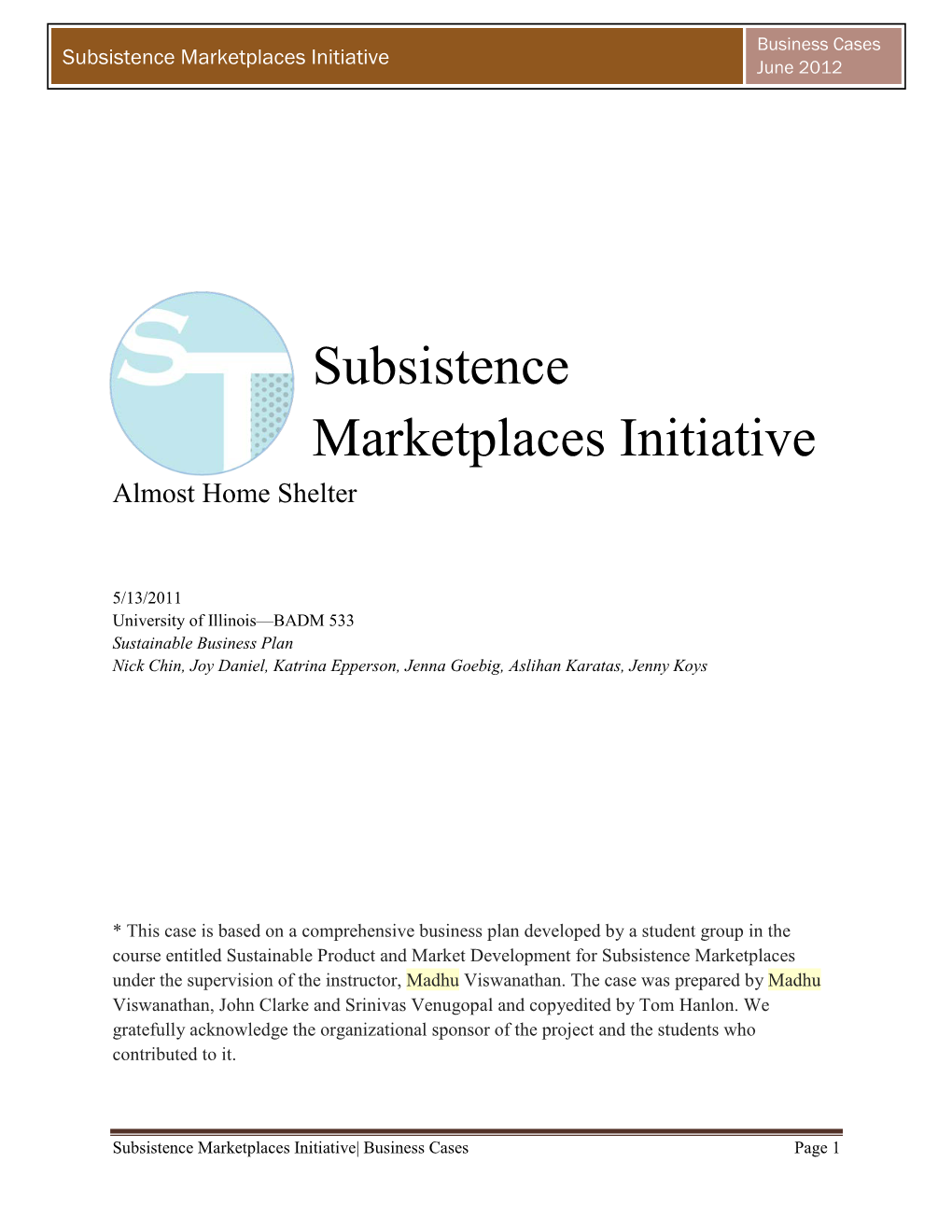 Subsistence Marketplaces Initiative June 2012