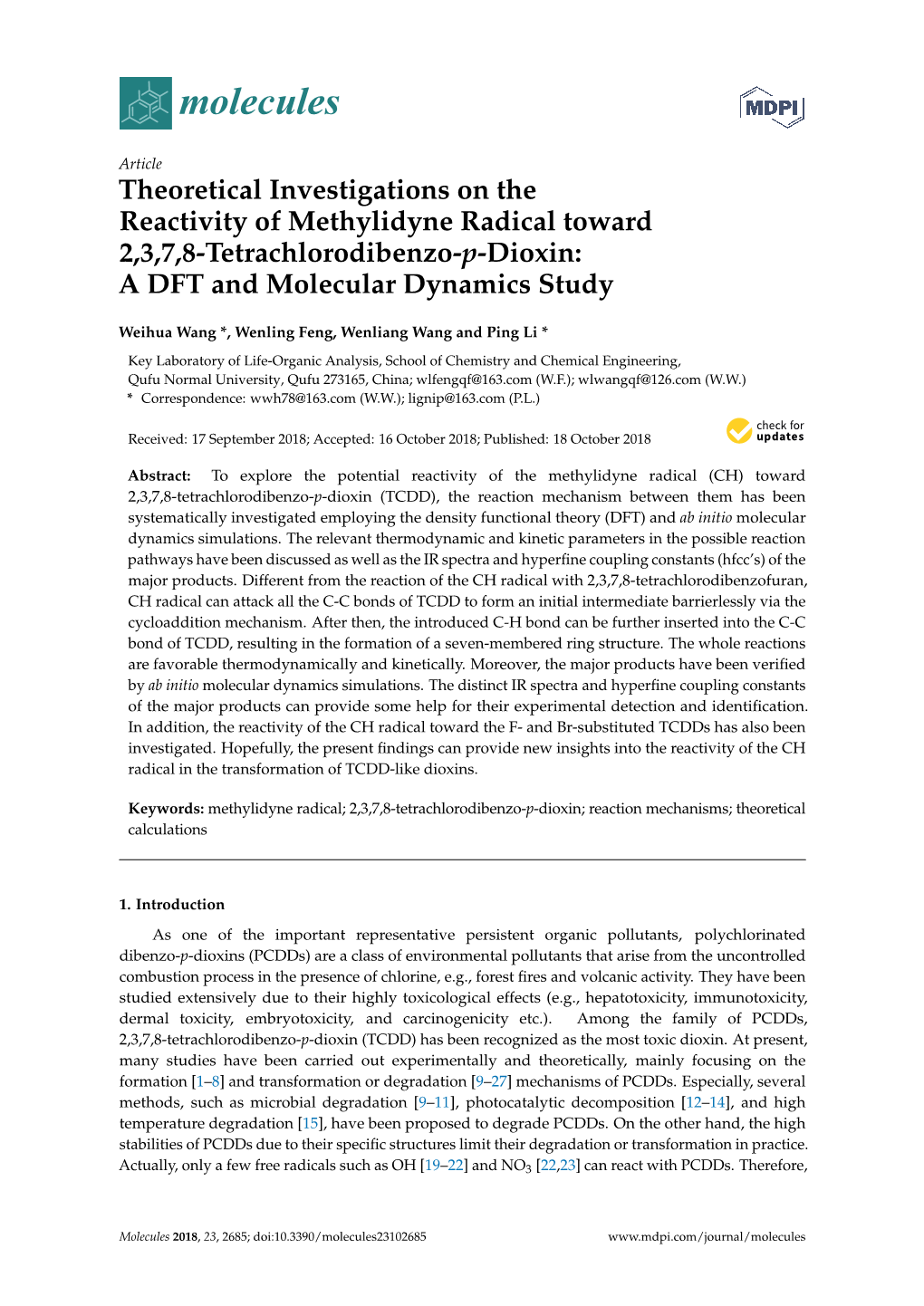 Theoretical Investigations on the Reactivity of Methylidyne Radical Toward 2,3,7,8-Tetrachlorodibenzo-P-Dioxin: a DFT and Molecular Dynamics Study