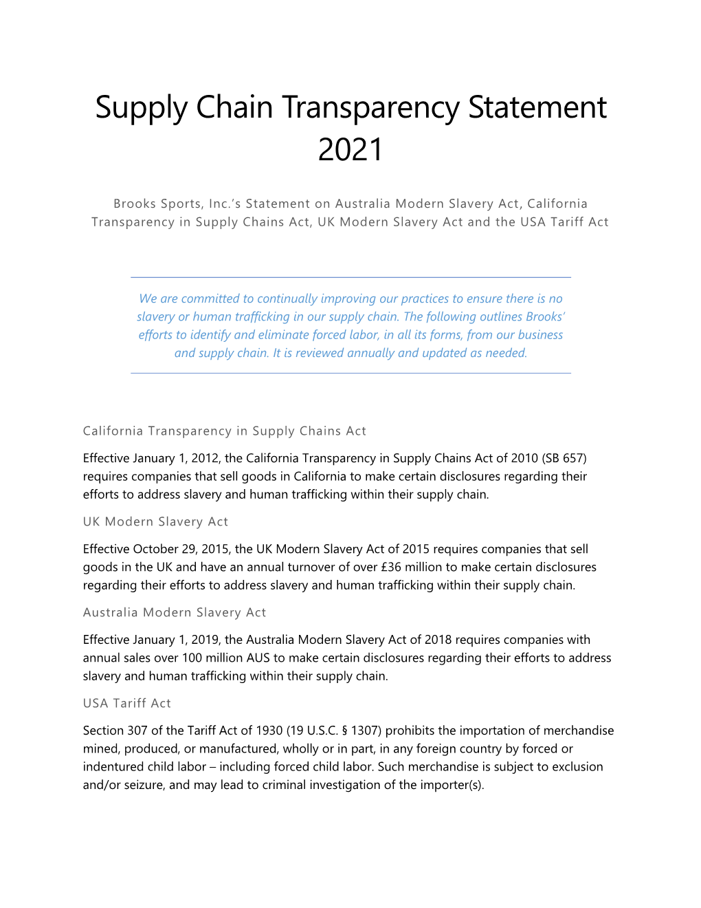 Supply Chain Transparency Statement 2021