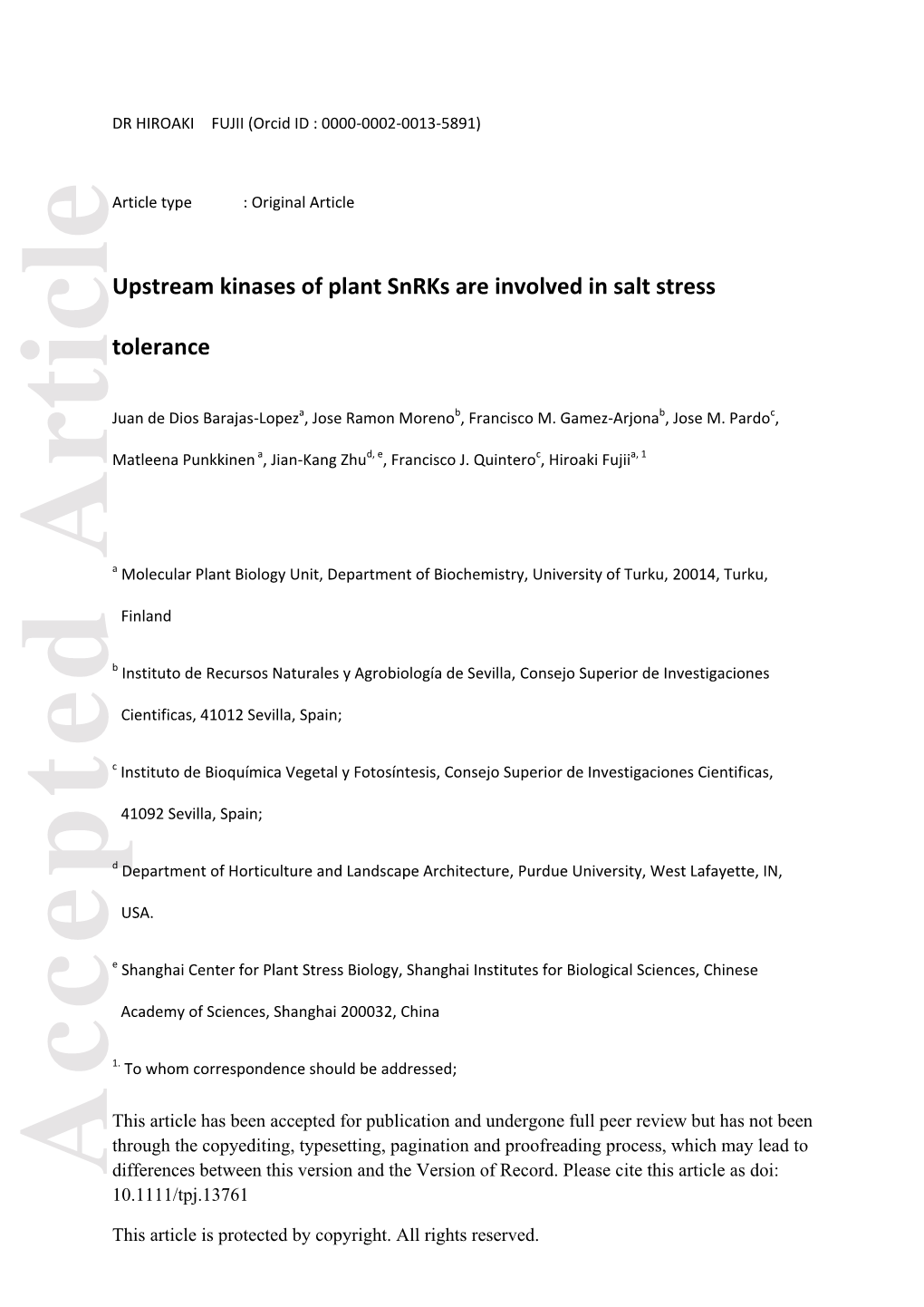 Upstream Kinases of Plant Snrks Are Involved in Salt Stress Tolerance