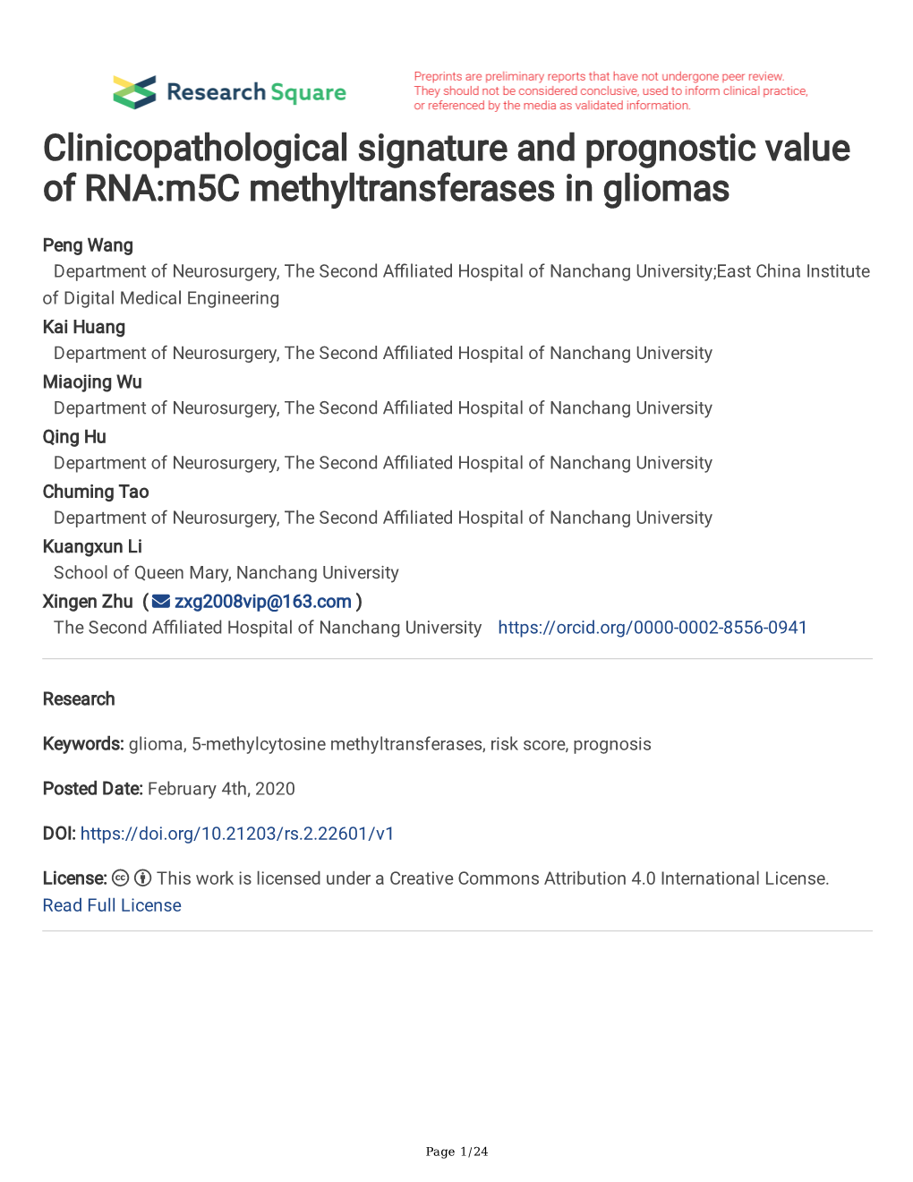 Clinicopathological Signature and Prognostic Value of RNA:M5c Methyltransferases in Gliomas