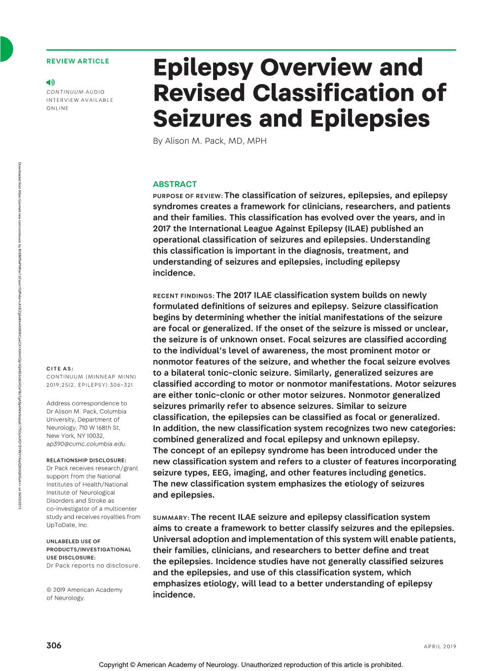 Epilepsy Overview and Revised Classification of Seizures and Epilepsies by Alison M