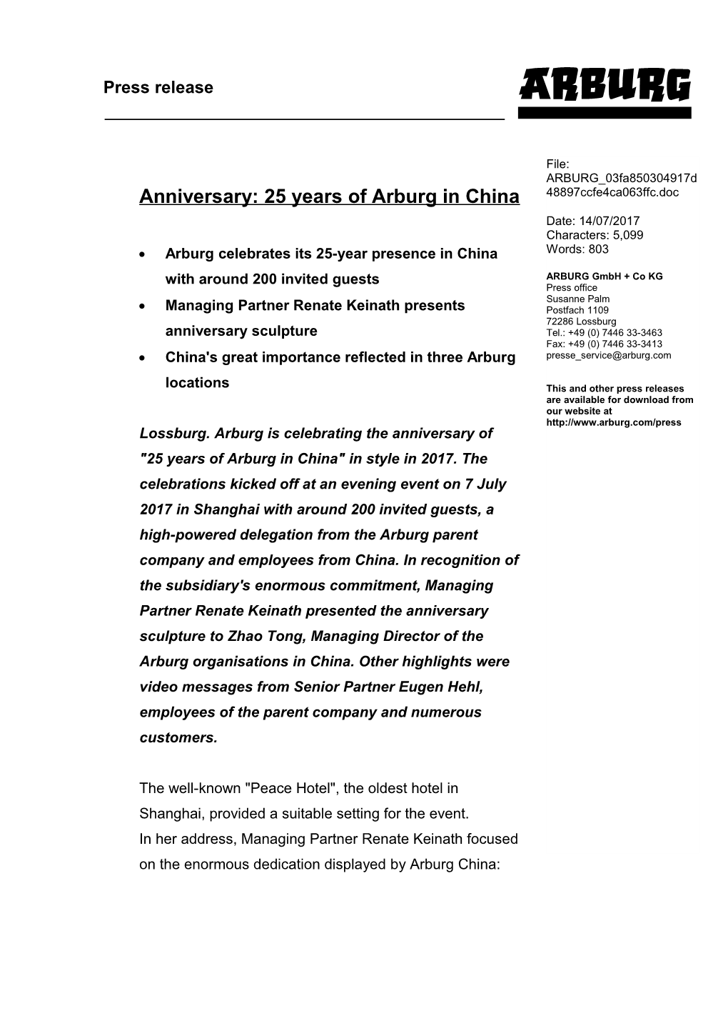 Anniversary: 25 Years of Arburg in China