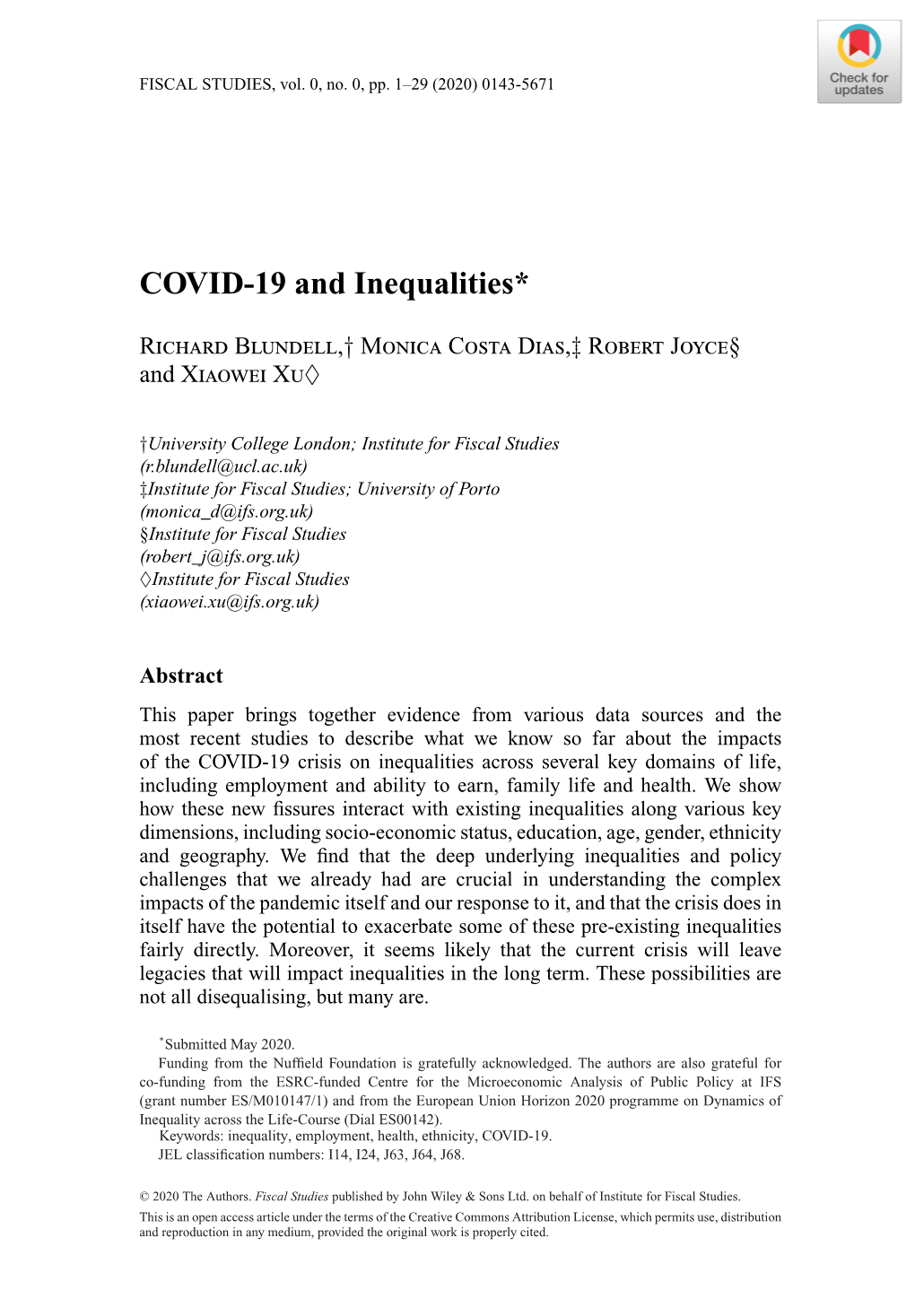 COVID‐19 and Inequalities* (Ucl.Ac.Uk)