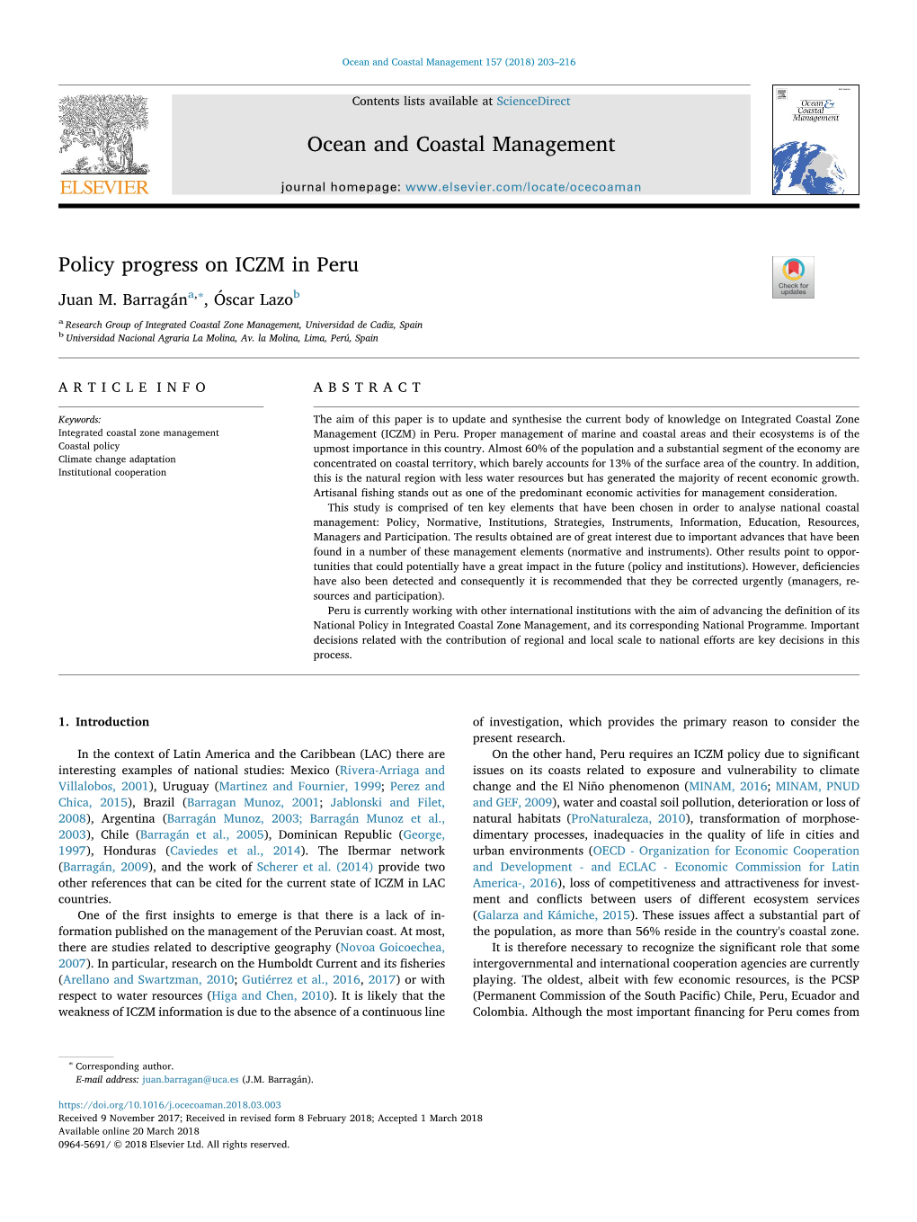 Policy Progress on ICZM in Peru T ∗ Juan M