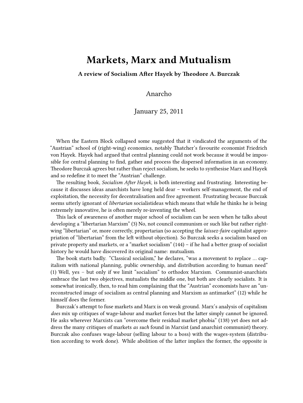 Markets, Marx and Mutualism a Review of Socialism After Hayek by Theodore A