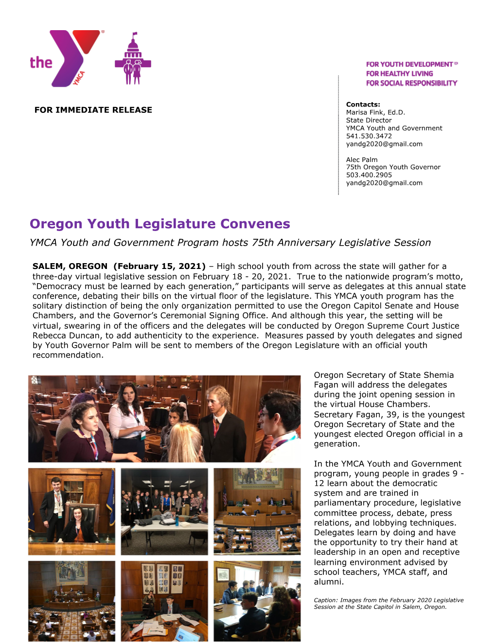 Oregon Youth Legislature Convenes YMCA Youth and Government Program Hosts 75Th Anniversary Legislative Session