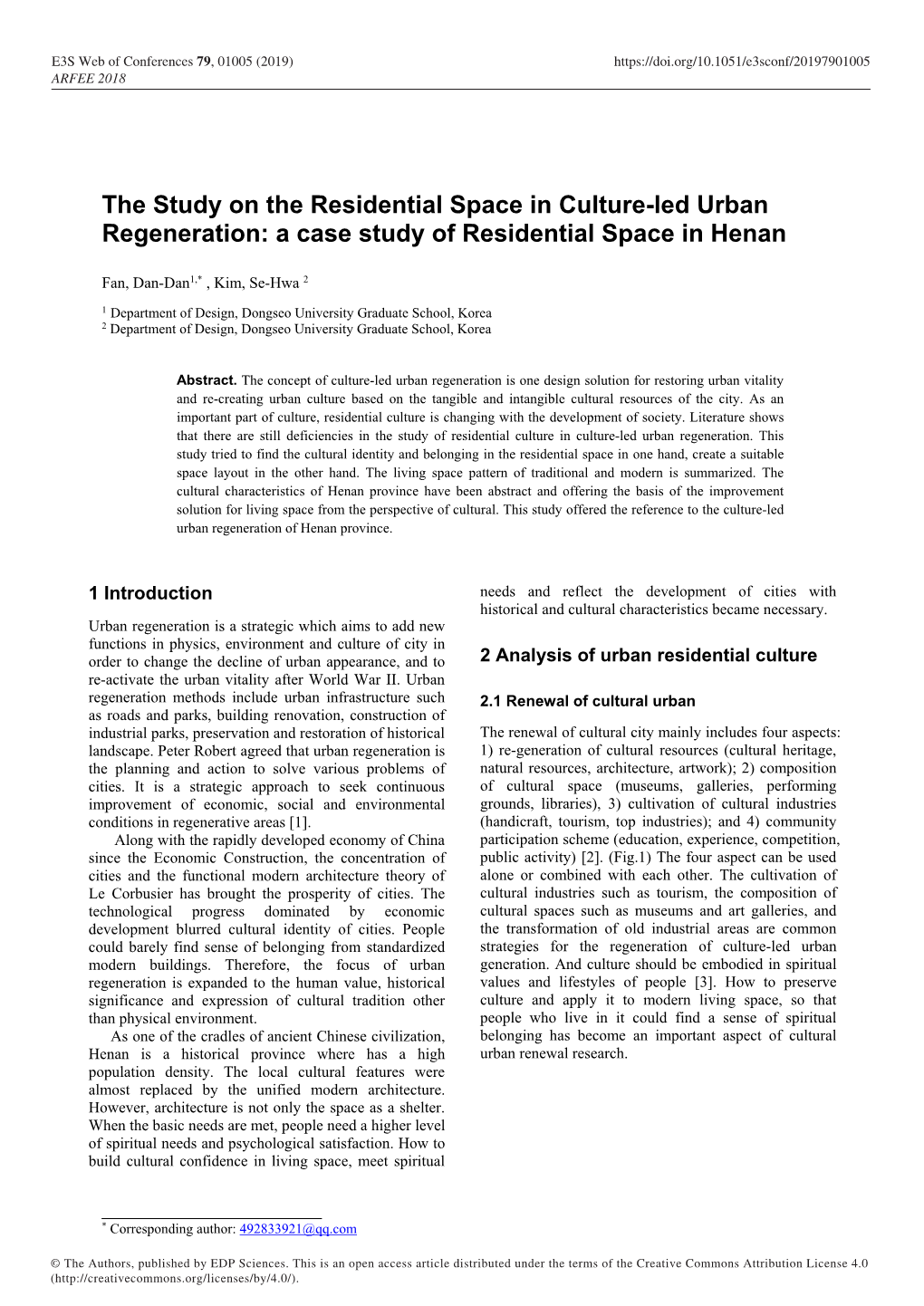 The Study on the Residential Space in Culture-Led Urban Regeneration: a Case Study of Residential Space in Henan