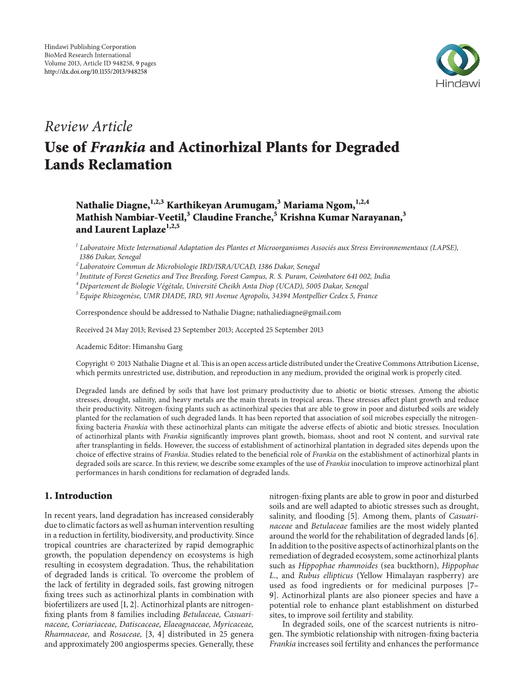 Review Article Use of Frankia and Actinorhizal Plants for Degraded Lands Reclamation