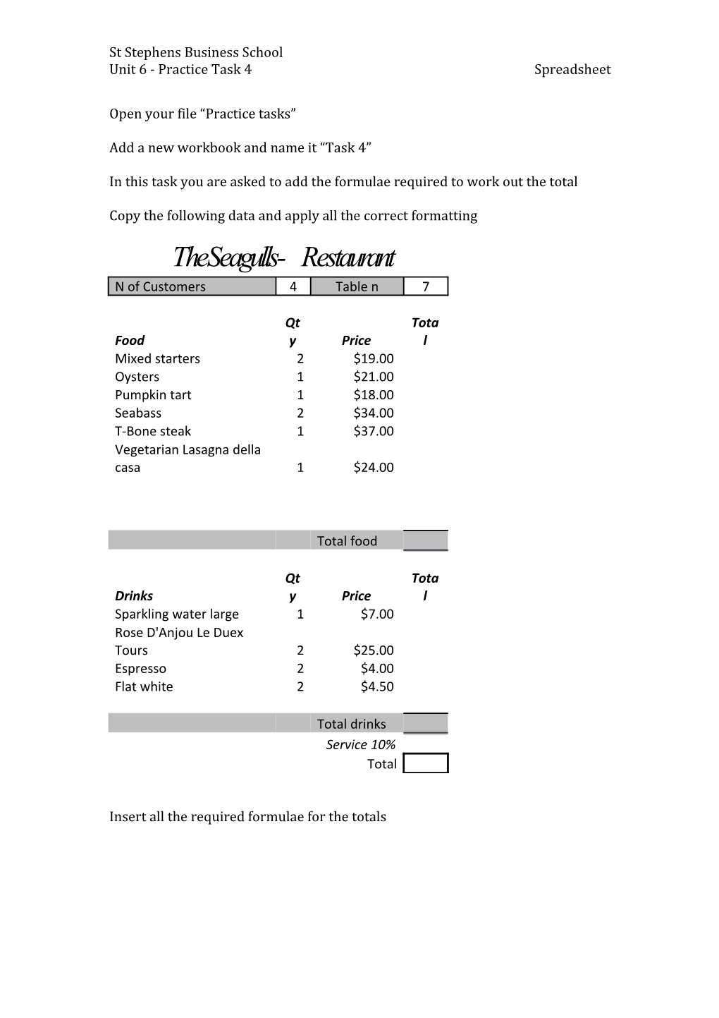 Unit 6 - Practice Task 4 Spreadsheet