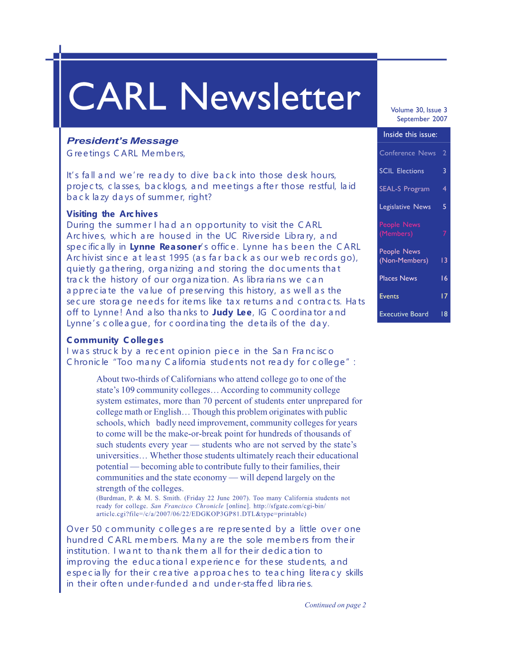 CARL Newsletter Volume 30, Issue 3 September 2007 Inside This Issue: President’S Message Greetings CARL Members, Conference News 2