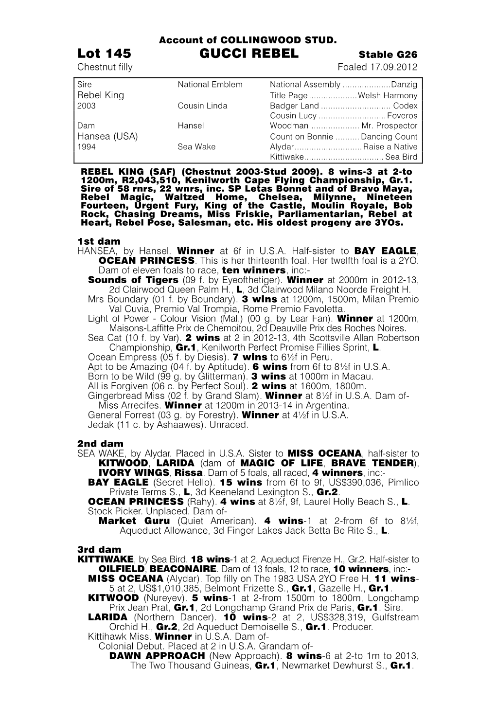 Lot 145 GUCCI REBEL Stable G26 Chestnut Filly Foaled 17.09.2012