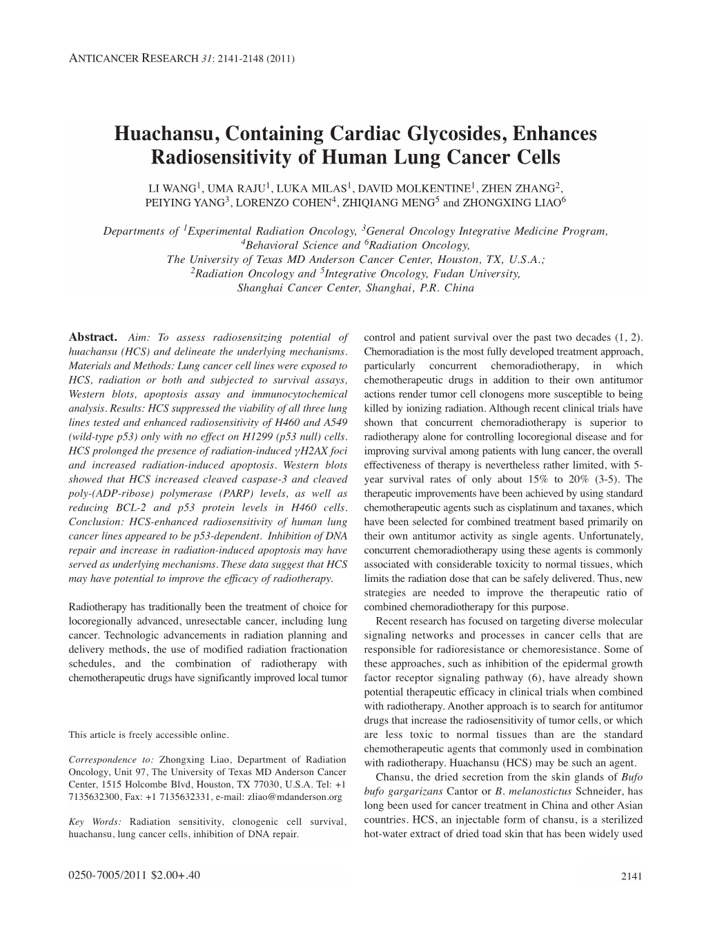 Huachansu, Containing Cardiac Glycosides, Enhances Radiosensitivity of Human Lung Cancer Cells