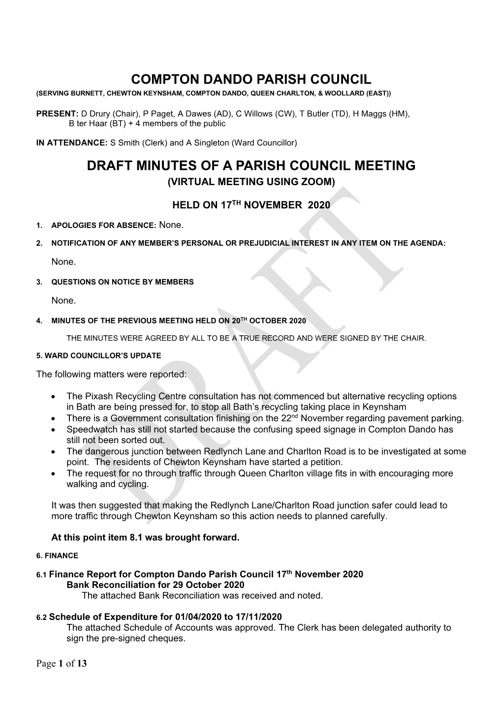 Compton Dando Parish Council Draft Minutes of a Parish Council Meeting