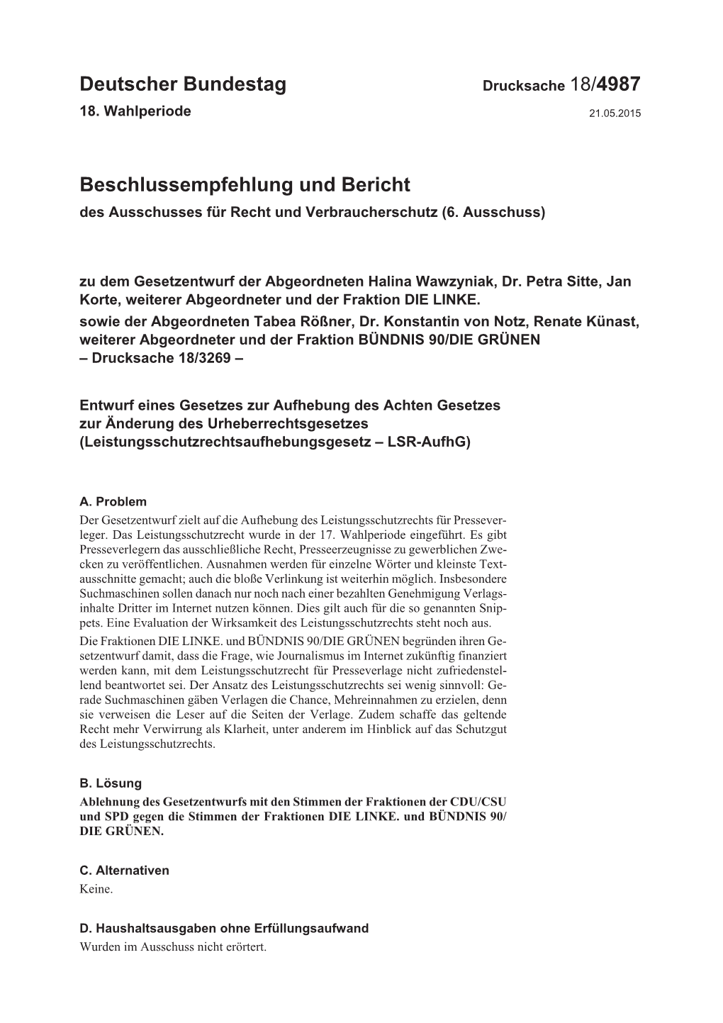 Deutscher Bundestag Beschlussempfehlung Und Bericht