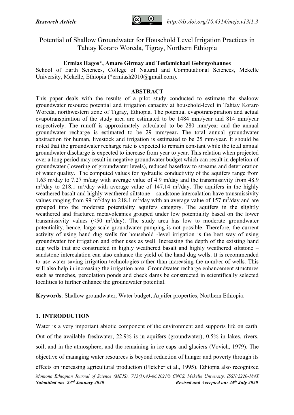 Potential of Shallow Groundwater for Household Level Irrigation Practices in Tahtay Koraro Woreda, Tigray, Northern Ethiopia