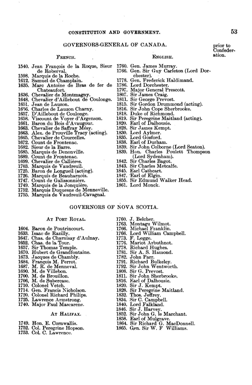 CONSTITUTION and GOVERNMENT. 53 GOVERNORS-GENERAL of CANADA. 1540. Jean Francois De La Roque, Sieur 1760. De Roberval. 1766