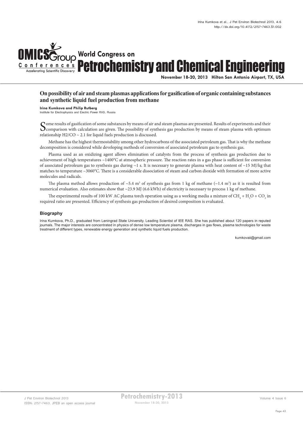 Petrochemistry and Chemical Engineering November 18-20, 2013 Hilton San Antonio Airport, TX, USA