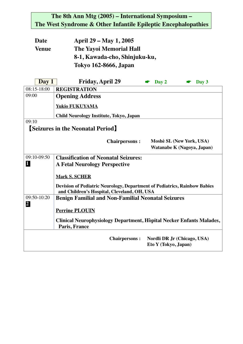 The 8Th Ann Mtg (2005) – International Symposium – the West Syndrome & Other Infantile Epileptic Encephalopathies