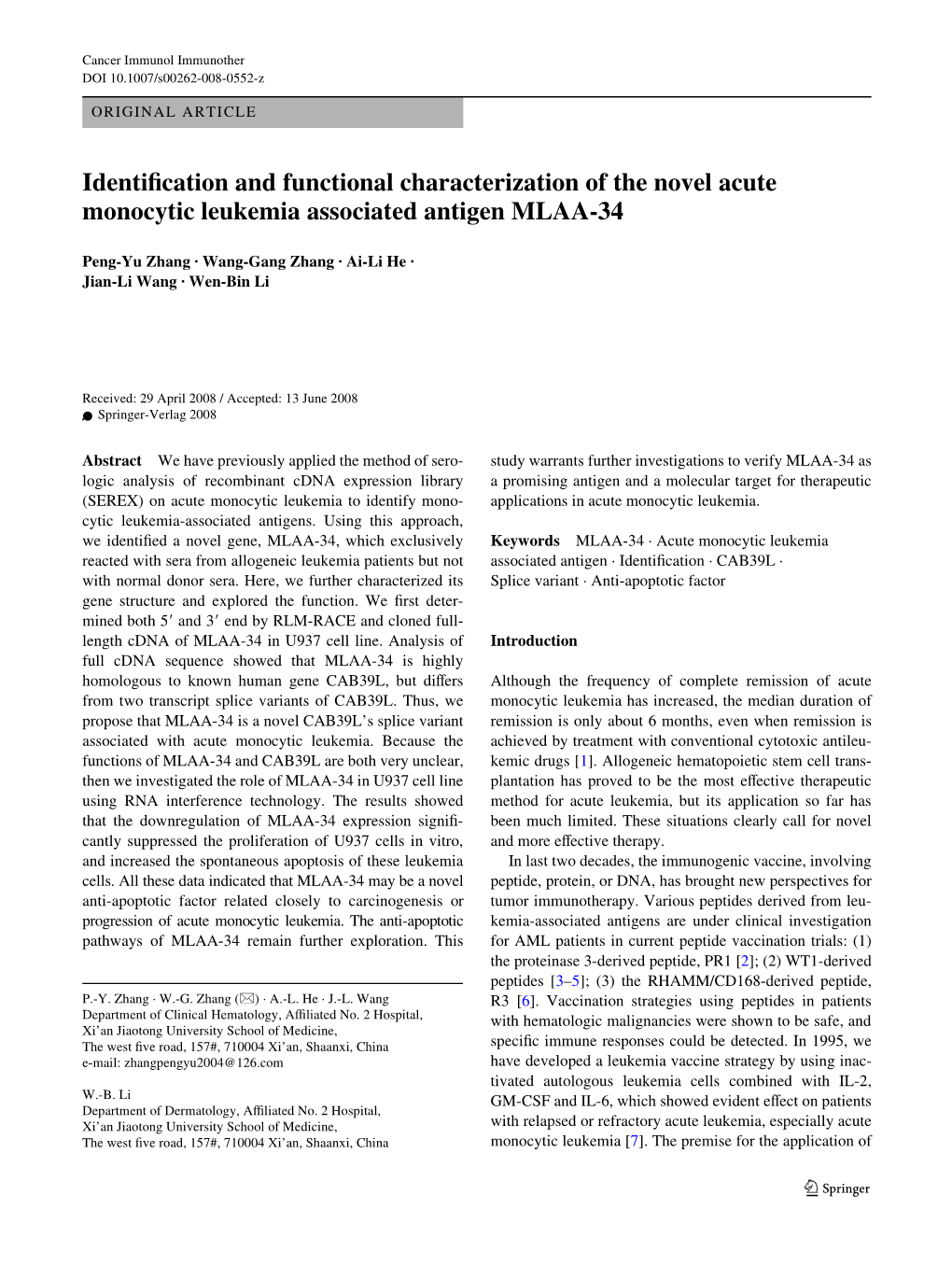 Identiwcation and Functional Characterization of the Novel Acute Monocytic Leukemia Associated Antigen MLAA-34