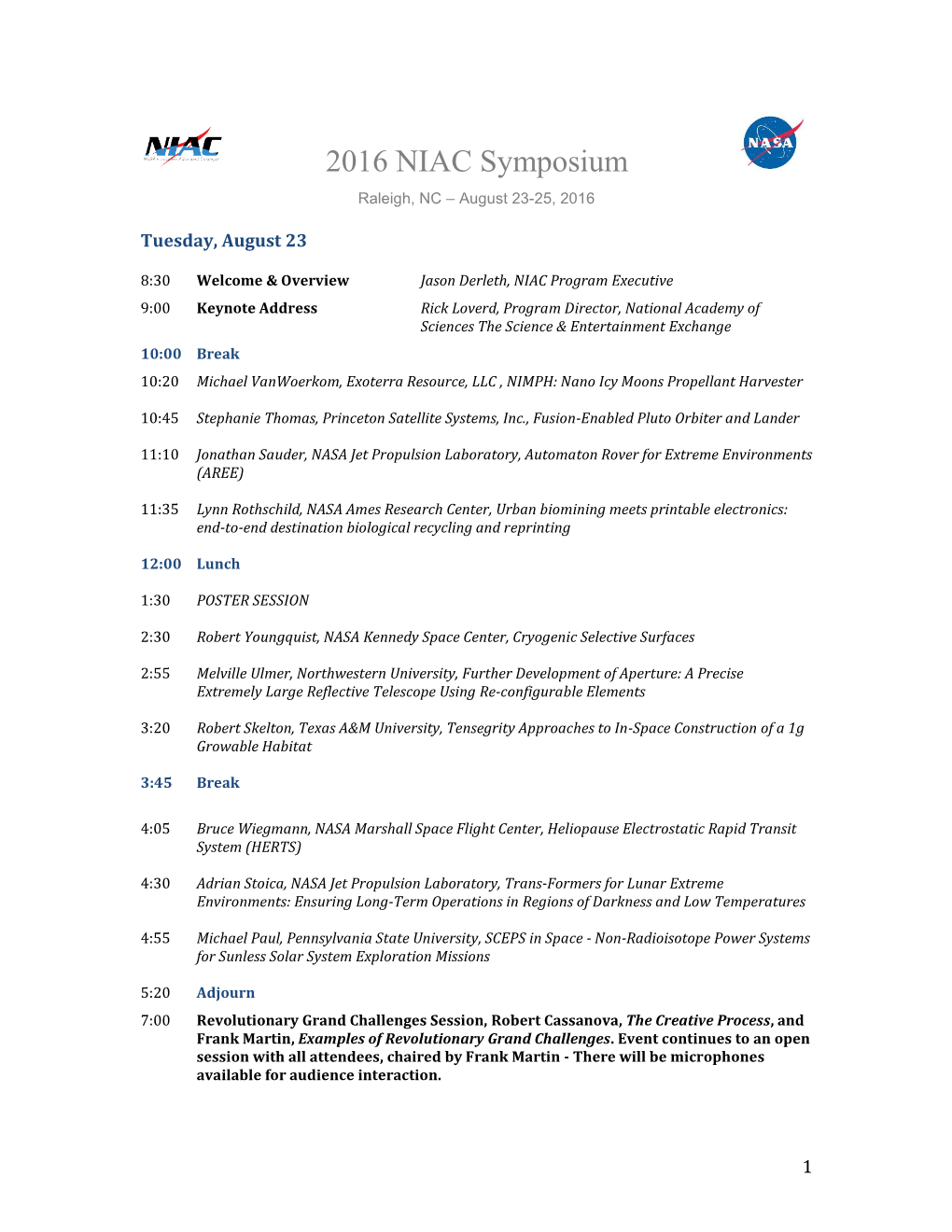 2016 NIAC Symposium Agenda