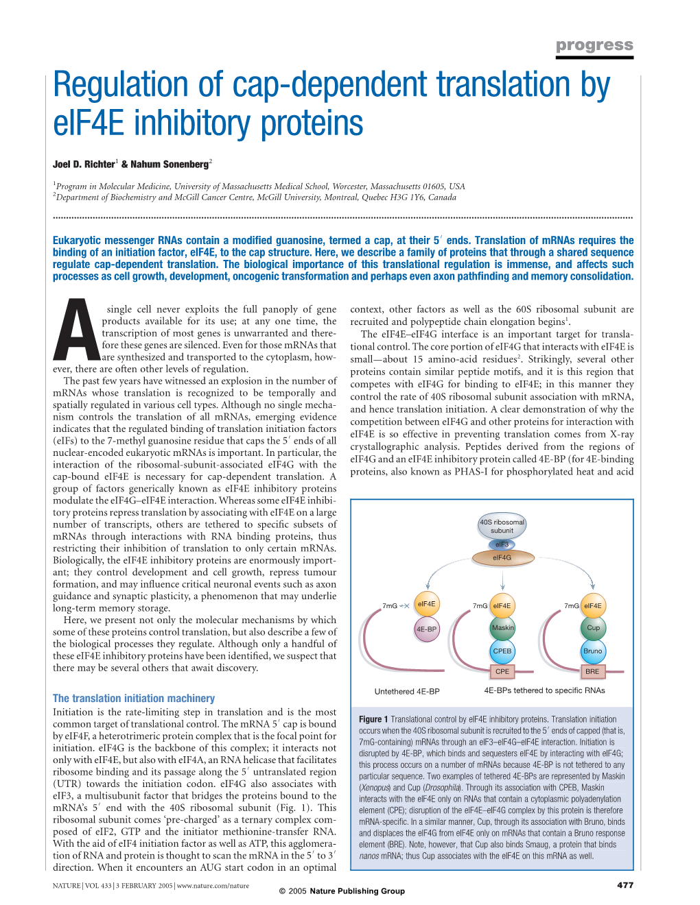 Regulation of Cap-Dependent Translation by Eif4e Inhibitory Proteins