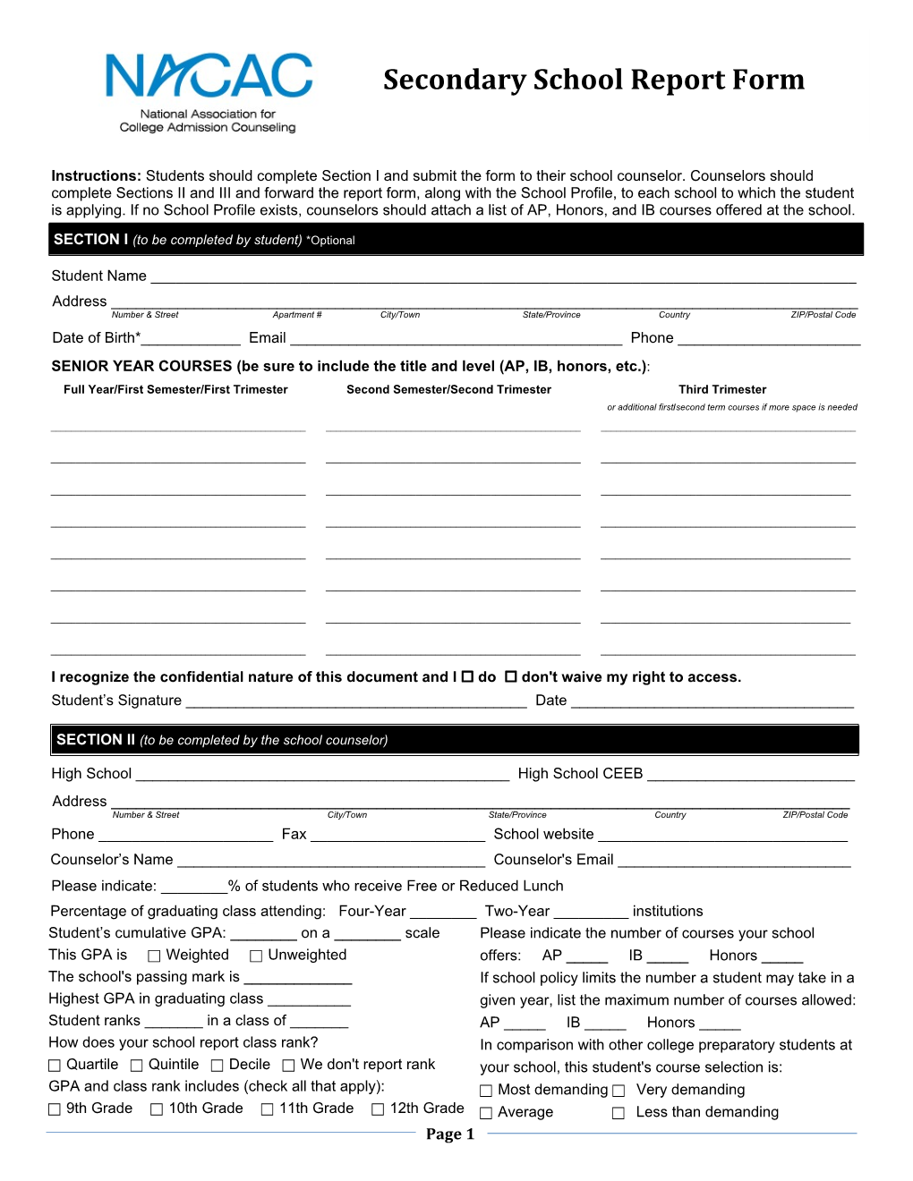 Secondary School Report Form