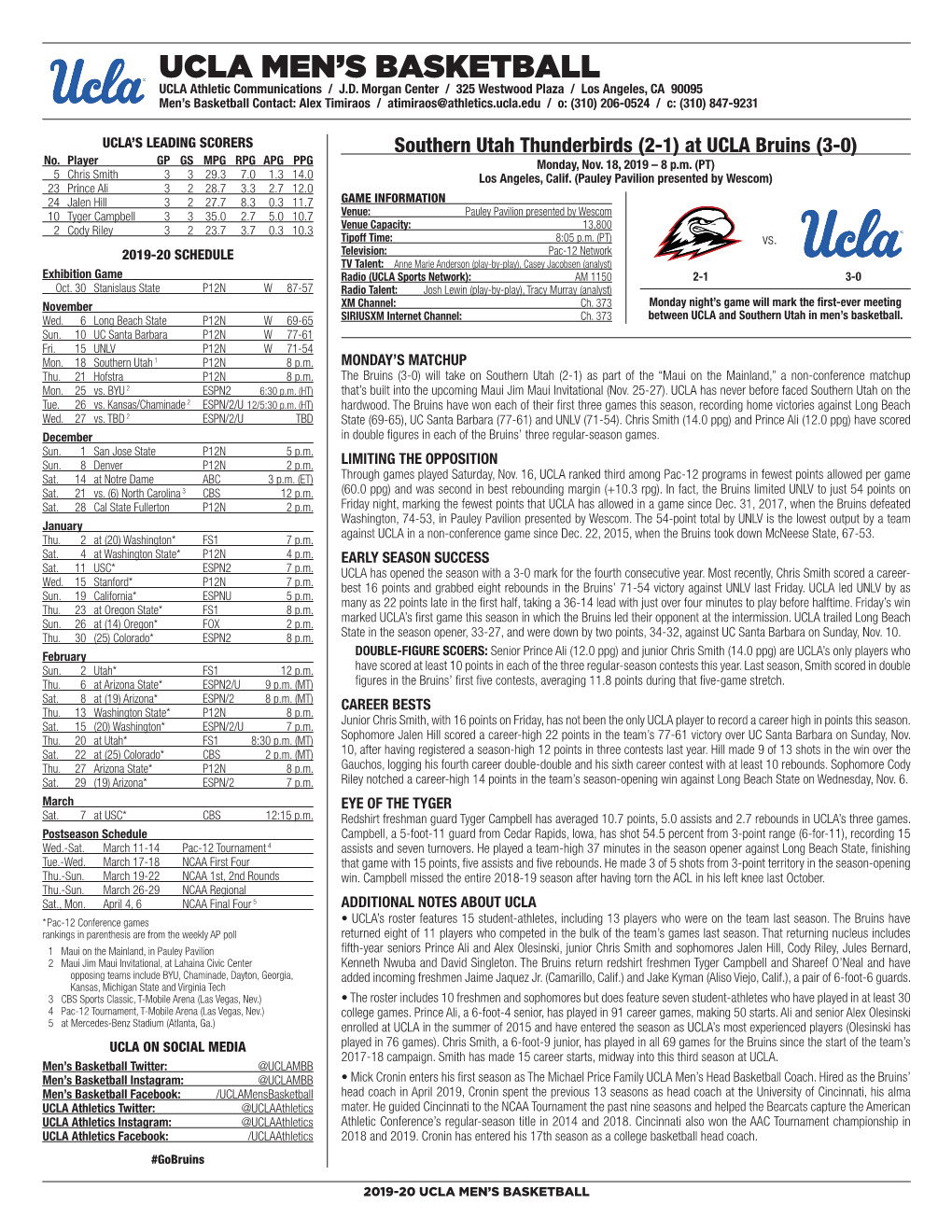 UCLA Men's Basketball UCLA’Sucla SEASON/Careerseason/Career Statistics (As of Nov 15, STATS 2019) 2019-20All Gamesroster