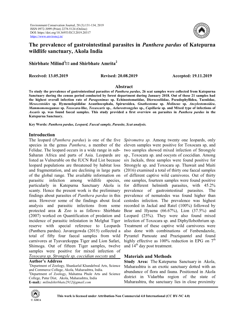 The Prevalence of Gastrointestinal Parasites in Panthera Pardus of Katepurna Wildlife Sanctuary, Akola India