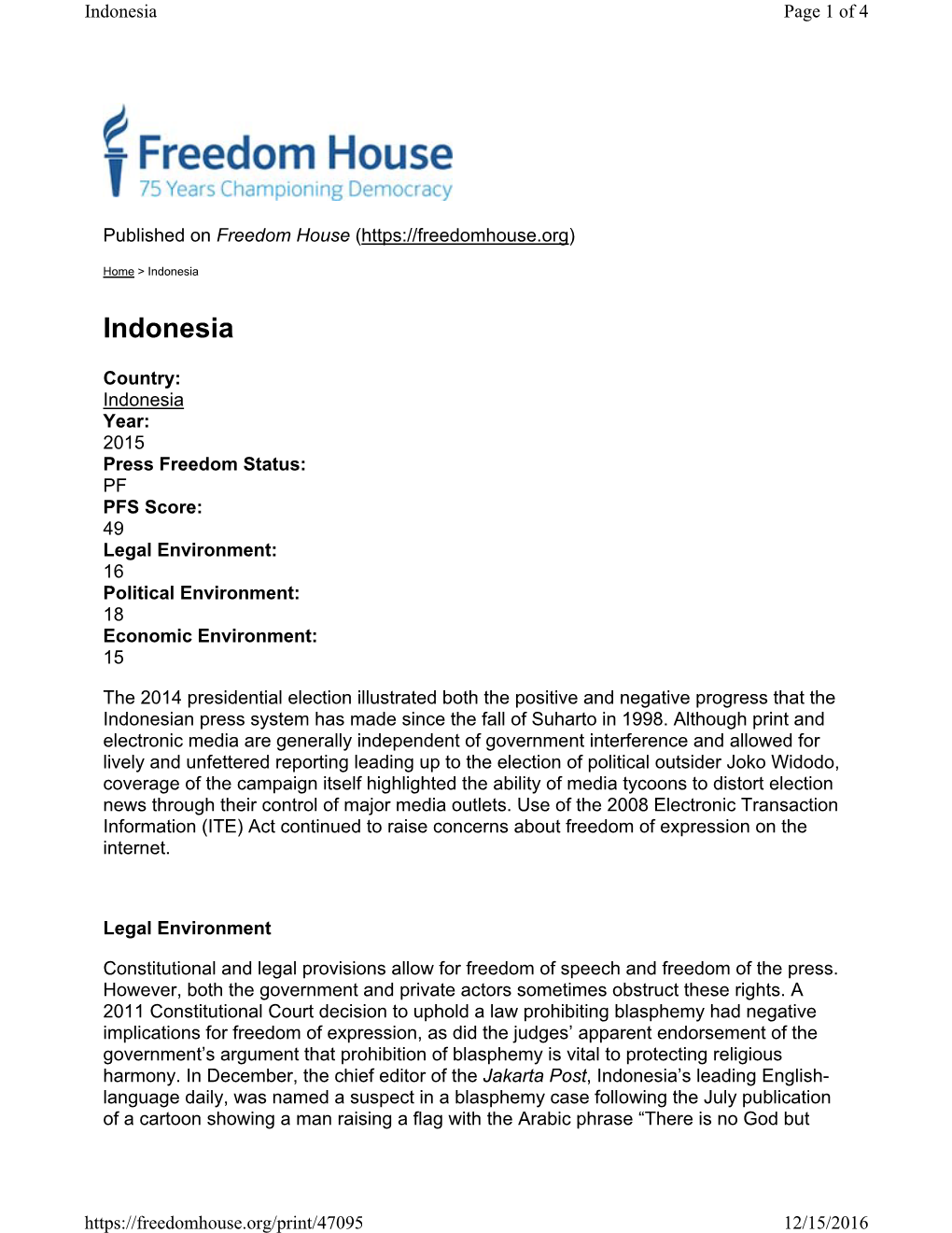 Freedom of the Press 2016 Indonesia
