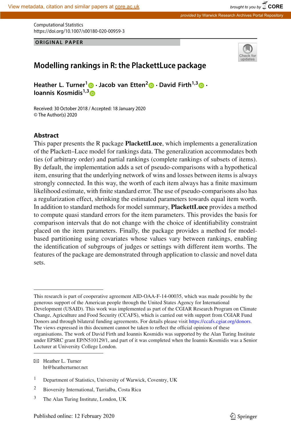 Modelling Rankings in R: the Plackettluce Package