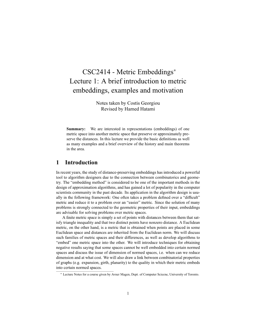 Metric Embeddings Lecture 1