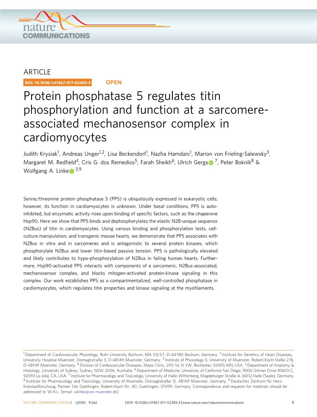 Protein Phosphatase 5 Regulates Titin Phosphorylation and Function at a Sarcomere- Associated Mechanosensor Complex in Cardiomyocytes