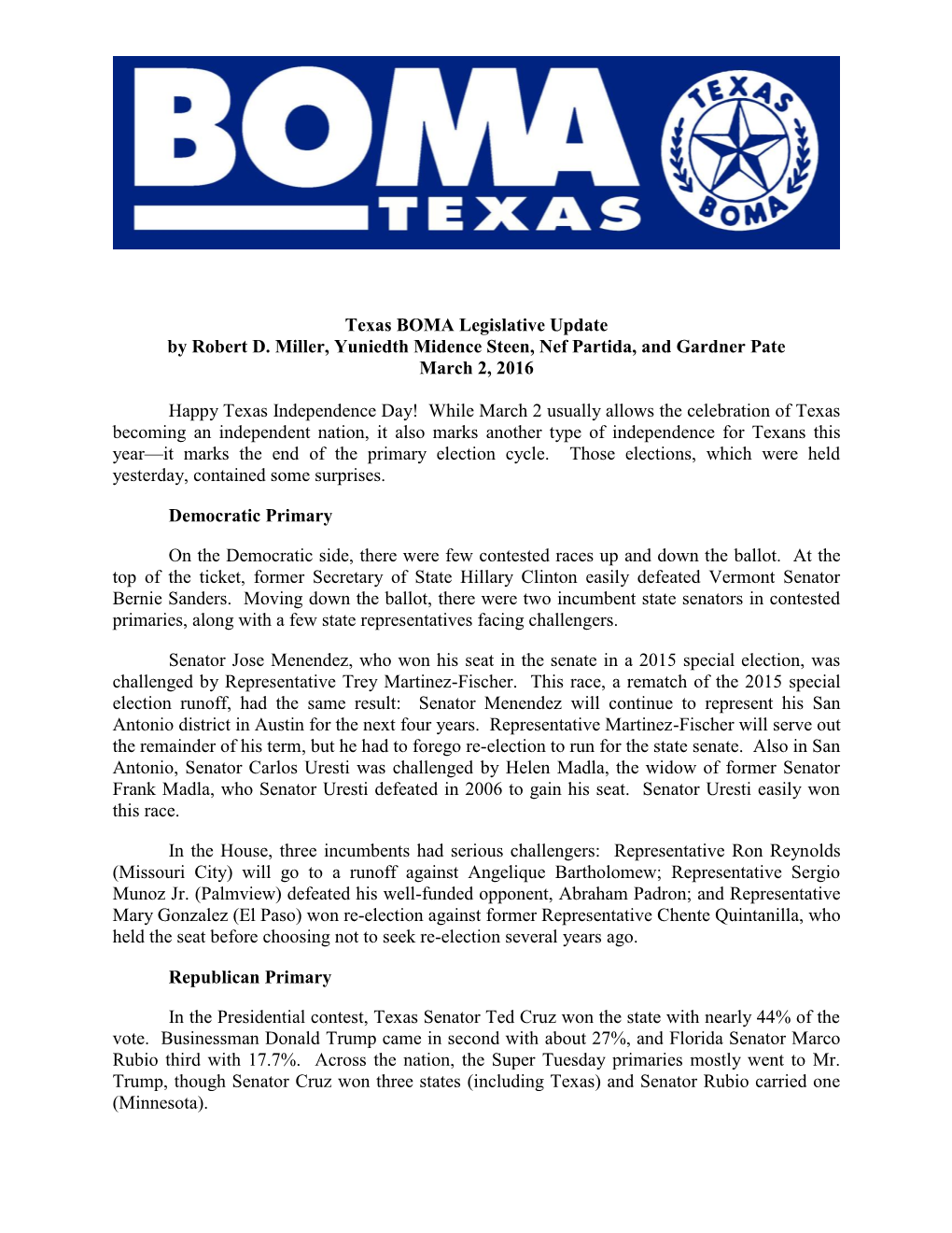 Texas BOMA Legislative Update by Robert D. Miller, Yuniedth Midence Steen, Nef Partida, and Gardner Pate March 2, 2016
