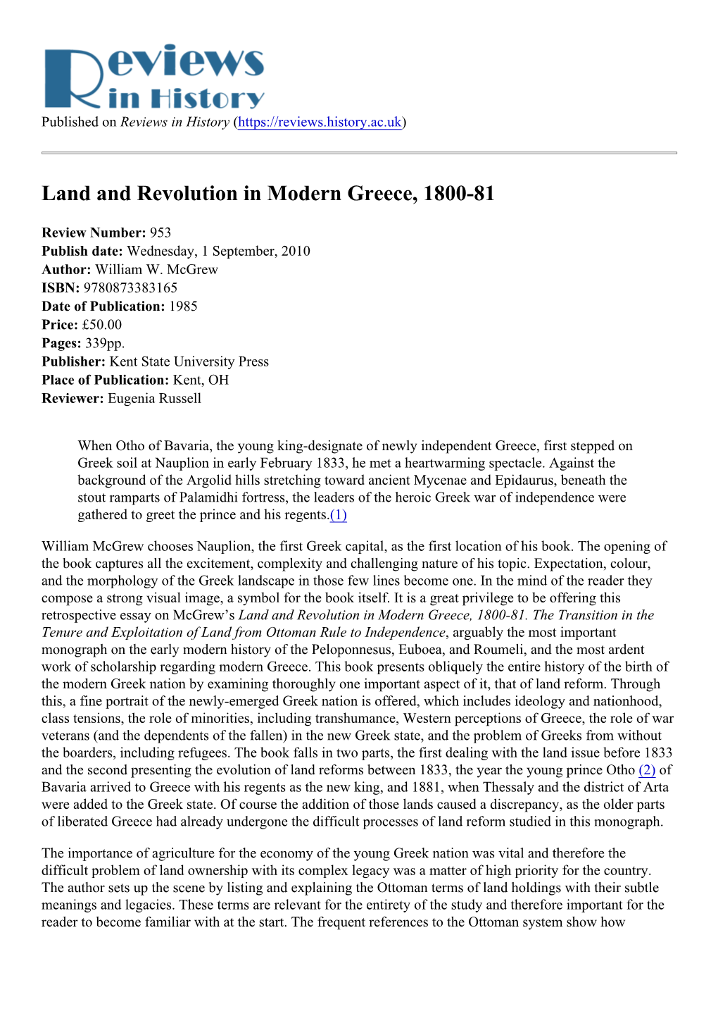 Land and Revolution in Modern Greece, 1800-81