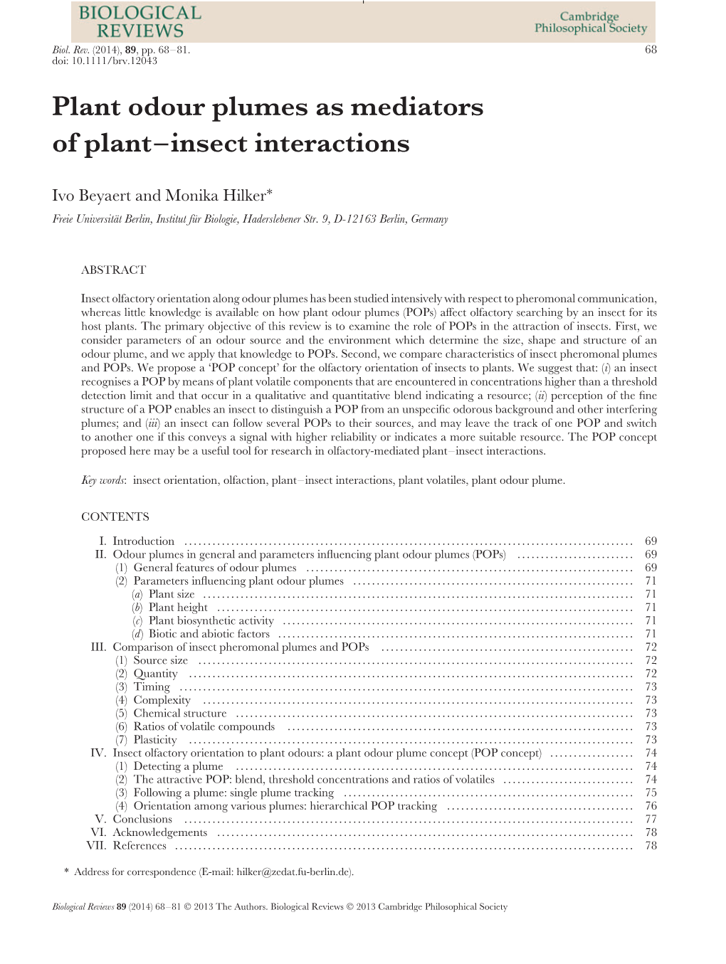 Plant Odour Plumes As Mediators of Plant–Insect Interactions