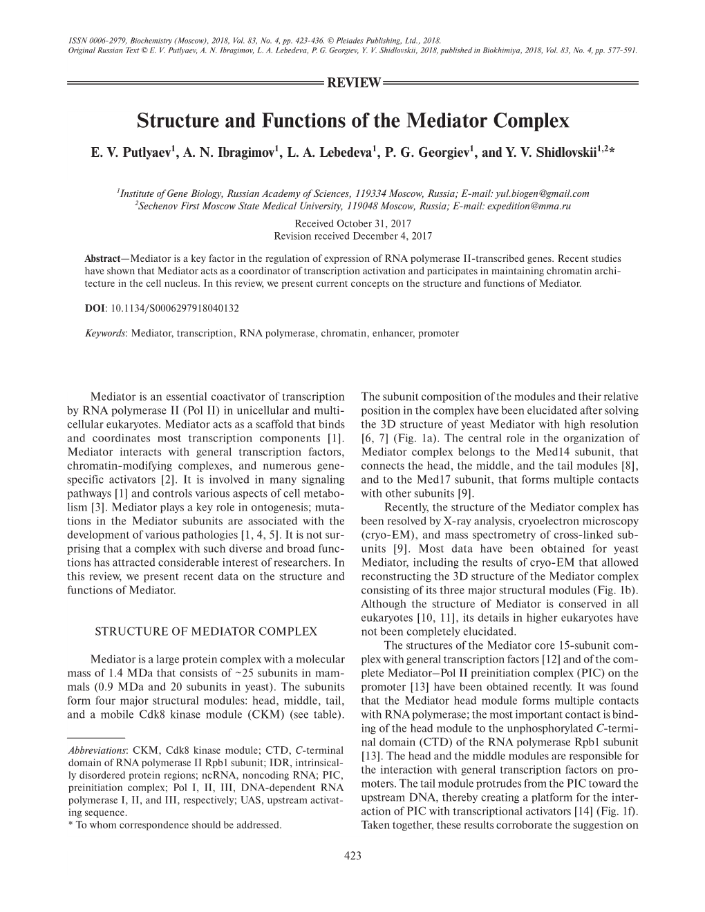 Structure and Functions of the Mediator Complex