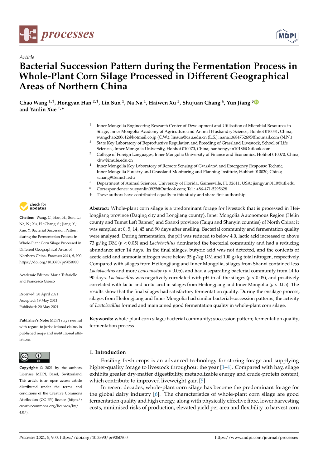 Bacterial Succession Pattern During the Fermentation Process in Whole-Plant Corn Silage Processed in Different Geographical Areas of Northern China